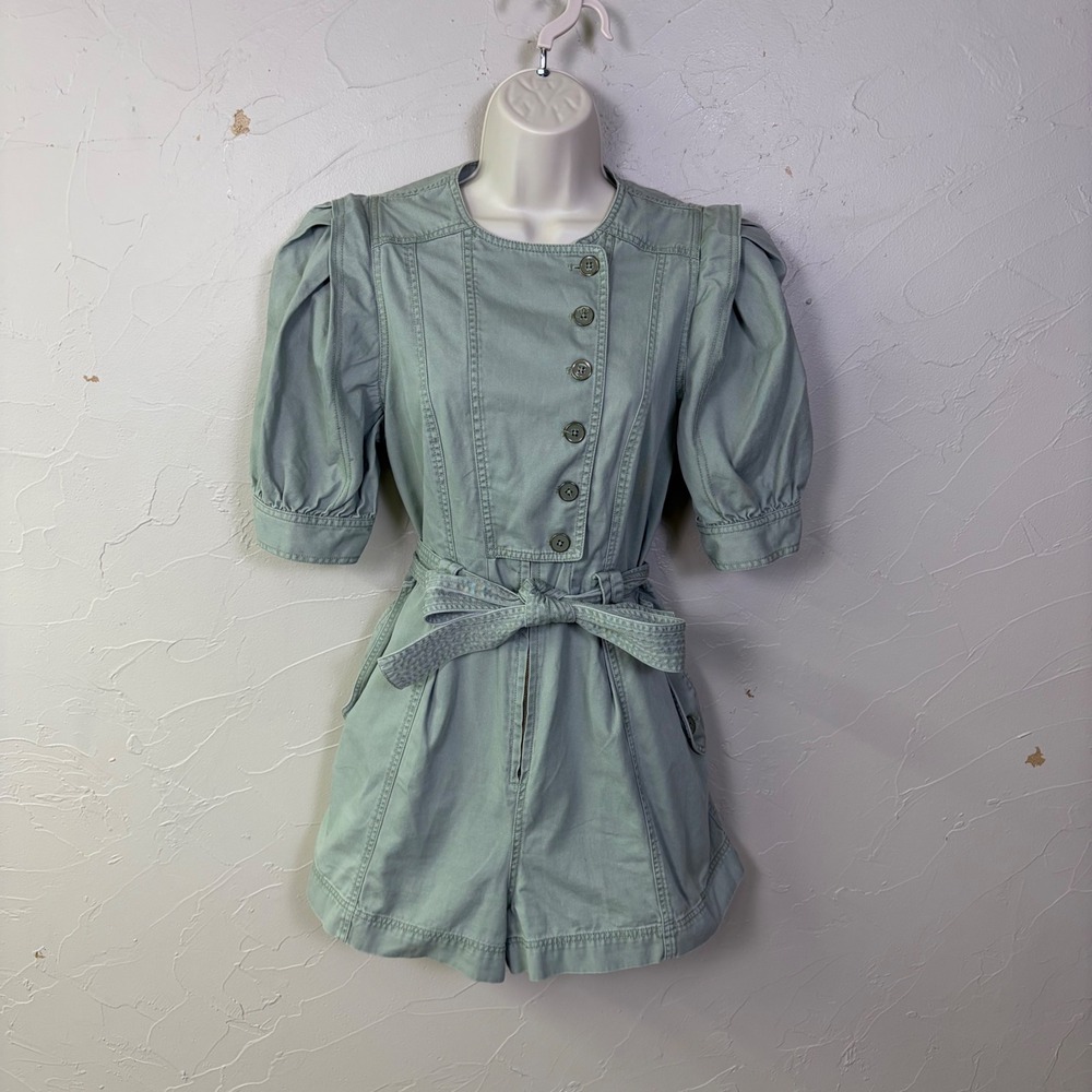 Ulla Johnson Romper Women 6 Sage Green Cotton Puff Sleeve Utility Safari Cottage